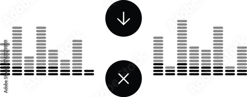 Two sets of audio equalizer bars, one above and one below a cross symbol, representing sound adjustments and cancellation