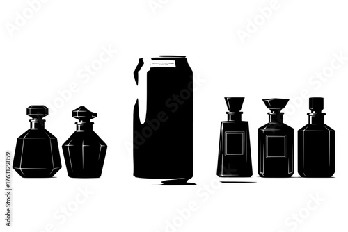 A collection of elegant black glass perfume bottles and a tall cylindrical black bottle arranged against a clean white background