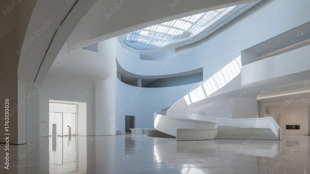 Fototapeta premium interior of contemporary art museum with curved white walls and skylight, soft light reflections on polished floor, architectural elegance