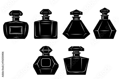Collection of elegant vintage perfume bottles in silhouette with ornate stoppers on a white background