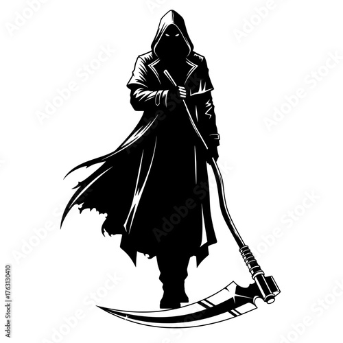 Mysterious hooded figure in a long flowing cloak holding a large scythe ready for action