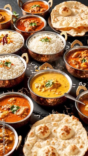 A Rich Assortment Of Indian Curries And Rice Dishes Served In Traditional Copper Bowls With Fluffy Naan Bread Presenting A Feast