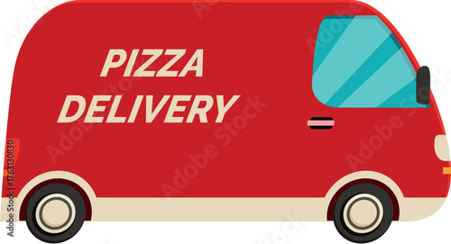 Red delivery van delivering pizza to hungry customers