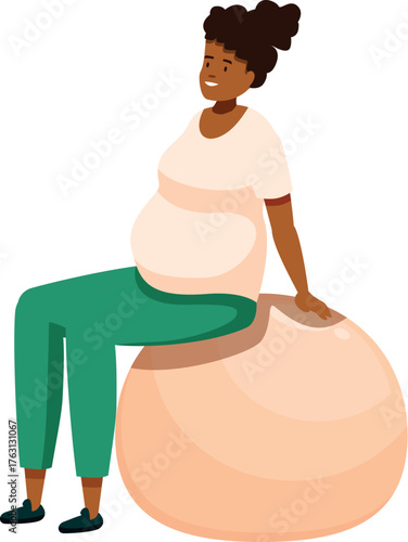 Pregnant woman practicing yoga and doing exercises with fitness ball