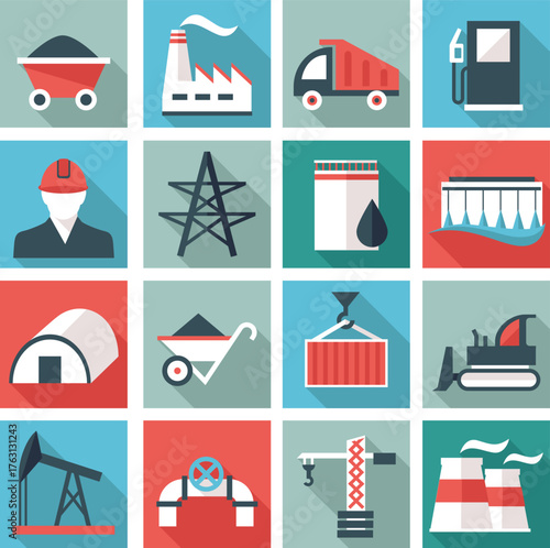 construction icons set vector Displays a grid of industrial and construction icons. Full-frame composition, multicolor tone. Flat icon style, industrial background