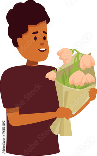 Young man holds a wilting bouquet of flowers, expressing sadness and disappointment