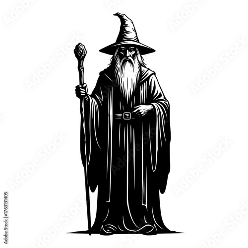 A mystical ancient wizard with a long white beard wearing a pointed hat and holding a magical staff