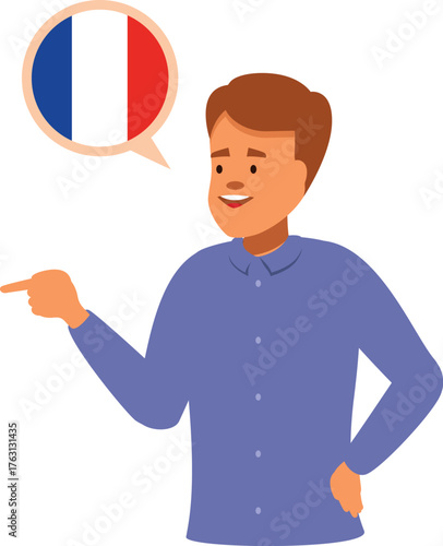 Young man pointing and speaking french, learning new language concept
