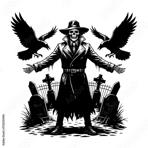 Gothic skeleton cowboy with crows and gravestones in a spooky cemetery at night
