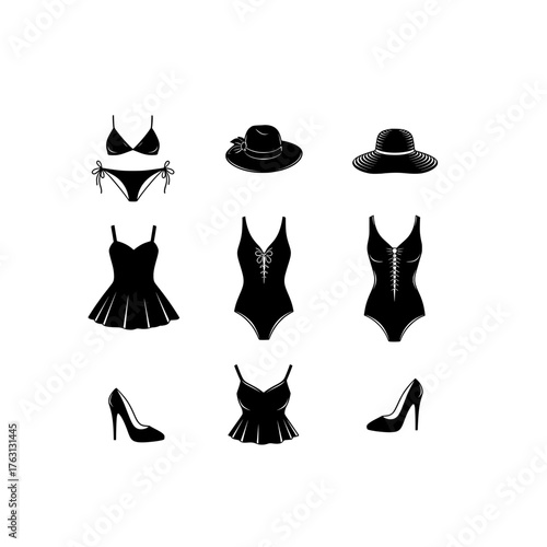 Collection of stylish black swimwear and fashion accessories for a chic summer vacation wardrobe