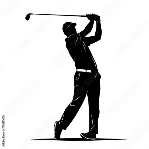 Silhouette of a male golfer in mid swing captured in a dynamic black and white graphic illustration on a transparent background