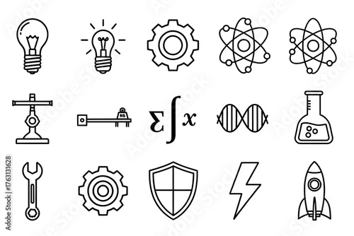Collection of hand drawn science and technology icons featuring lightbulbs gears atoms equations lab equipment and rocket