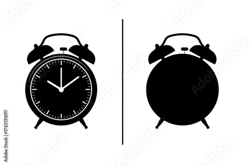 Classic twin bell alarm clock silhouette against a bright  and a white background