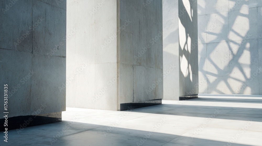 Fototapeta premium Modern architectural decor background with minimalist concrete walls, geometric patterns, soft daylight reflections, clean and elegant composition