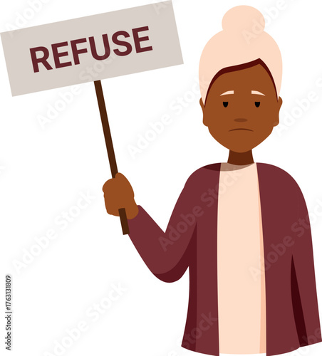 Determined senior woman actively participating in a protest, holding a sign expressing refusal, advocating for change