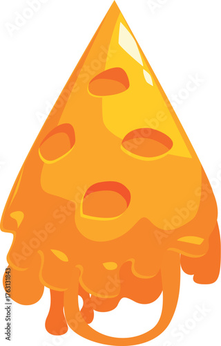 Cartoon illustration of a triangular piece of melting cheese with holes dripping down on a white background
