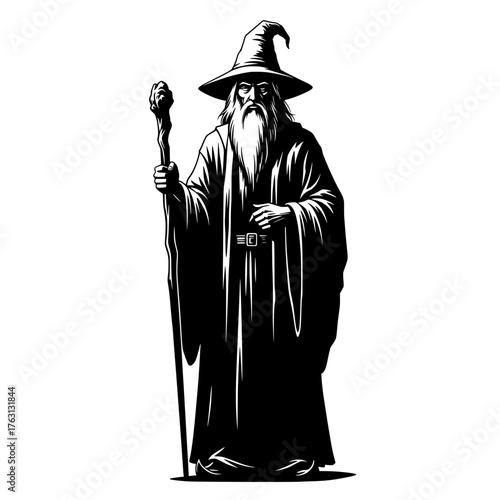 Mysterious ancient wizard with long white beard holding a magical staff and wearing a pointed hat and flowing robes