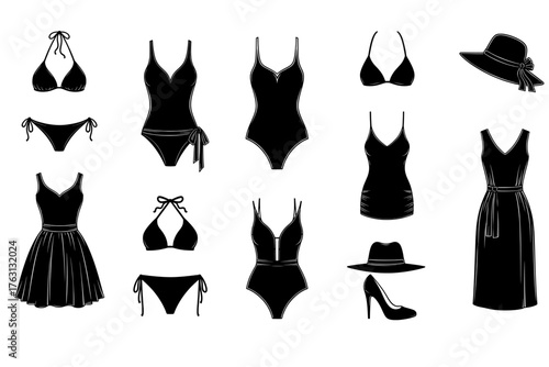 Collection of black swimwear and summer fashion outfits including bikinis one piece swimsuits hats and skirts