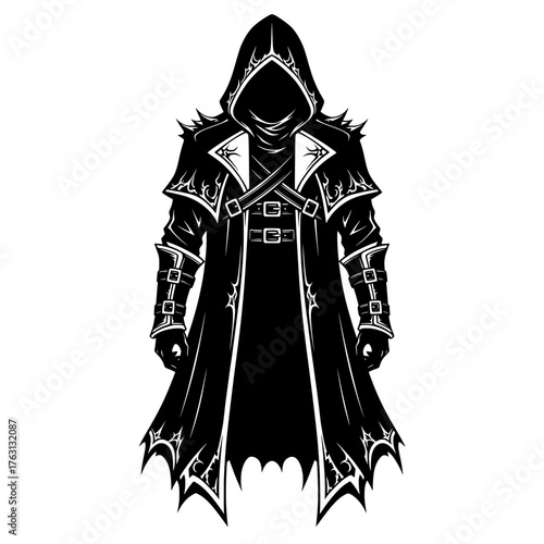 Intricate gothic fantasy cloak and armor outfit with ornate details and hooded silhouette