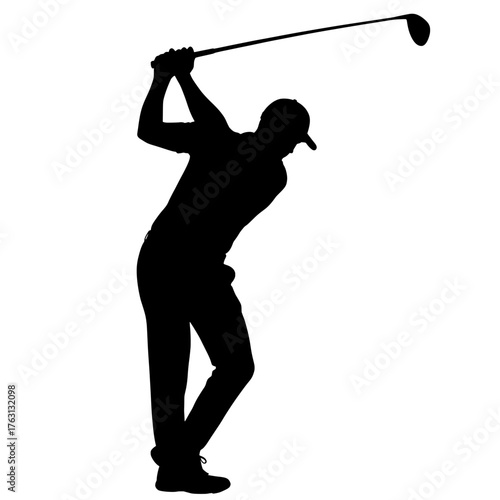 Silhouette of a male golfer in the middle of his powerful swing with a golf club against a white background