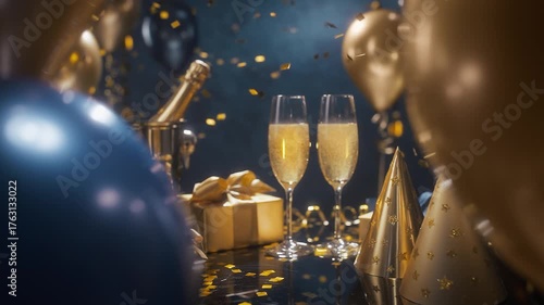 Luxurious New Year celebration with two glasses of champagne,vibrant balloons and sparkling confetti