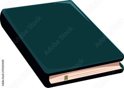 Closed book with dark cover and bookmark is lying on a white background