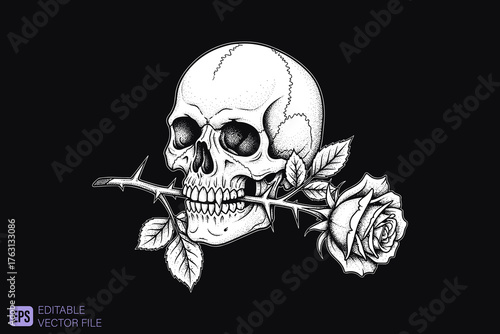 Skull with Rose in Mouth Detailed Illustration.