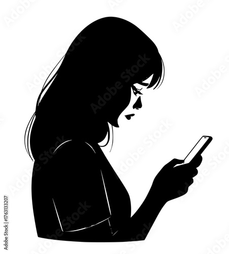 Young woman with long hair looking intently at her smartphone screen with a serious expression on her face
