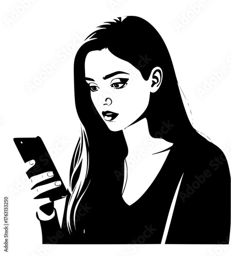 Young woman with long hair looking intently at her smartphone screen with a serious expression on her face