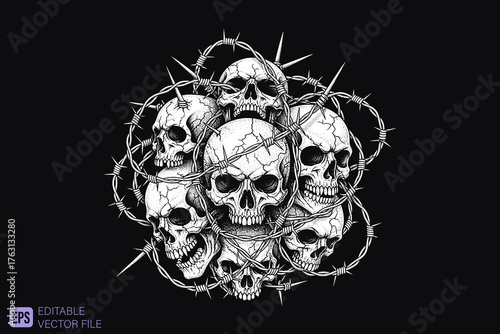 Pile of Skulls with Barbed Wire Graphic Design.
