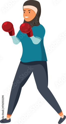 Young muslim sportswoman wearing hijab is training boxing punches, promoting healthy lifestyle and breaking stereotypes