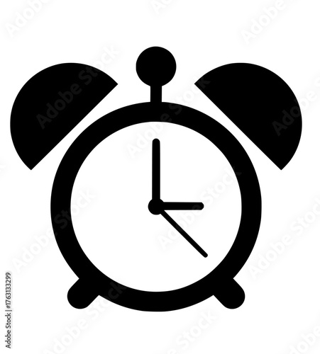 Classic black and white illustration of a vintage alarm clock with two bells and a simple dial face