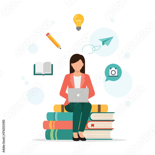 A woman sits on a stack of books with a laptop, surrounded by educational symbols like a lightbulb and pencil