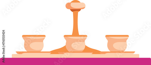 Honey pouring from a tap into small ceramic bowls on a pink table, representing sweetness, breakfast, and natural food