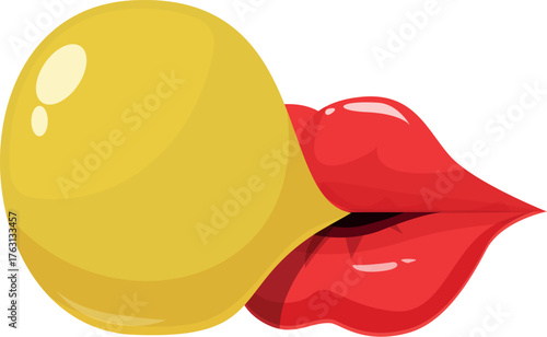 Cartoon glossy red lips blowing a yellow bubble gum balloon