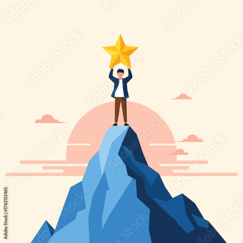 Man holding a golden star on a mountain peak at sunrise, symbolizing achievement and success