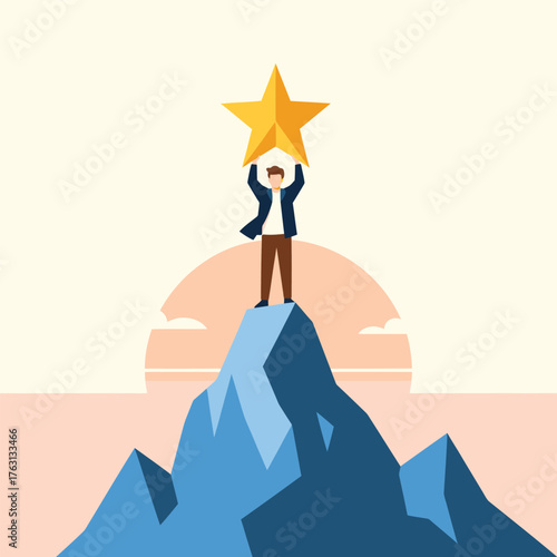 Man holding a golden star on a mountain peak at sunrise, symbolizing achievement and success