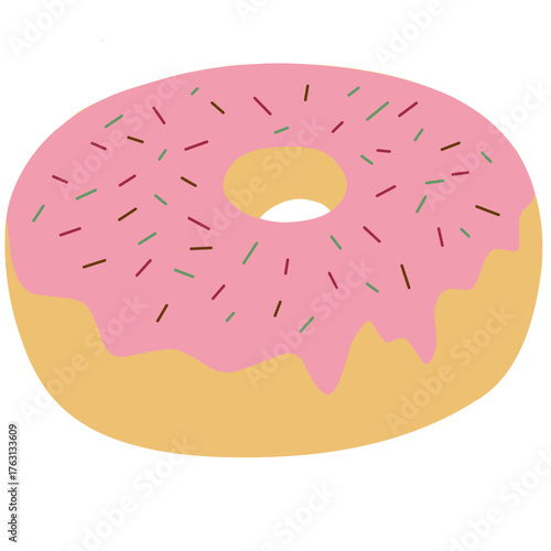 Vector illustration of donut with melted strawberry glaze and colorfull sprinkles on the top, perfect for dessert element, complete your food design