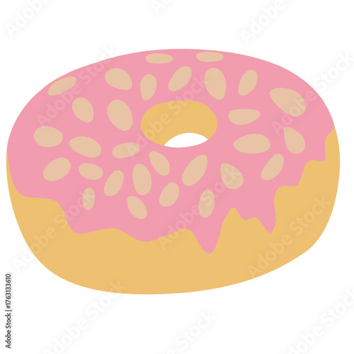 Vector illustration of donut with melted strawberry glazed and almonds on the top, perfect for dessert element, complete your food design