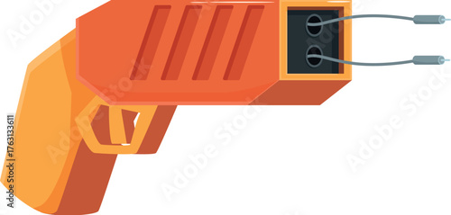 Orange and yellow electroshock weapon discharging electricity, self defense taser gun for personal safety