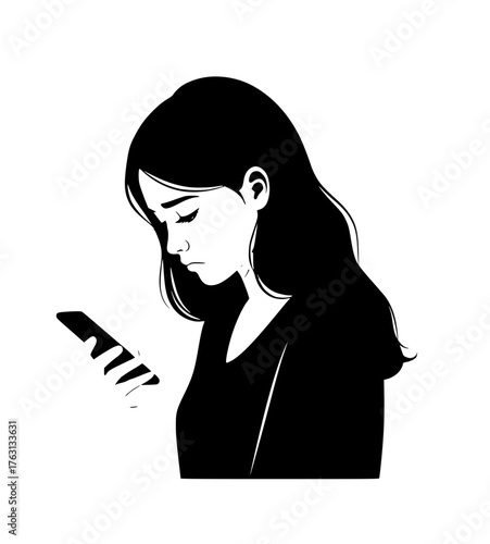 Young woman with dark hair looking down at her smartphone with a sad or worried expression black and white illustration