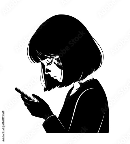 Young woman with dark hair looking down at her smartphone with a sad or worried expression black and white illustration