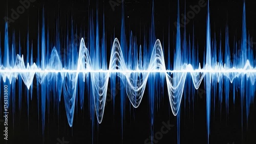 Abstract audio visualization. Blue and white sound waves on black background
