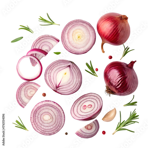 Fresh Red Onion Slices, Whole Onions, Rosemary & Garlic. Culinary Ingredients on White Background. on transparent background