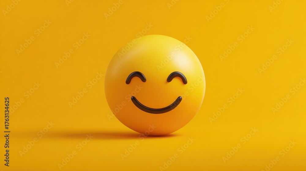 Fototapeta premium realistic 3d smiling emoji on bright yellow background with space, minimalistic composition, high quality lighting, joyful mood, clean design