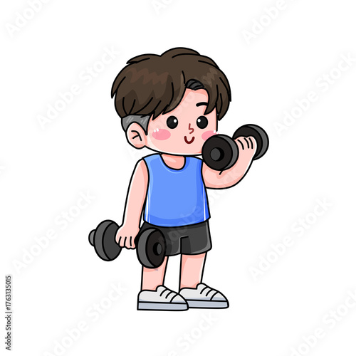 Animated boy exercising with dumbbells, healthy lifestyle.