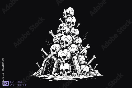 Pile of Skulls and Bones with Gravestones in a Macabre Arrangeme