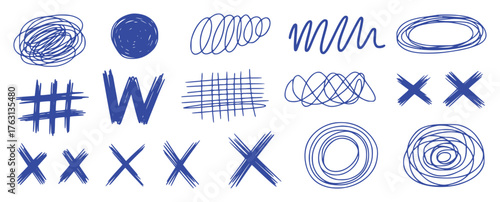 Collection of blue hand-drawn scribbles, symbols, and letters on white background