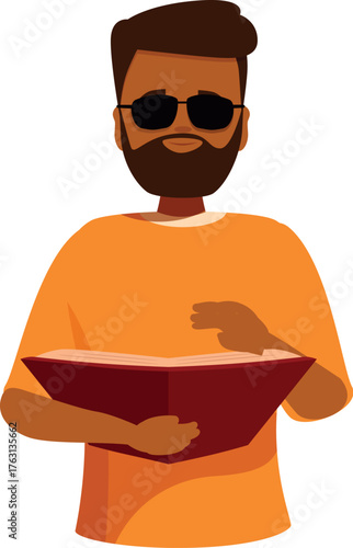 Blind man reading braille book with sunglasses and orange shirt