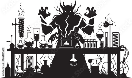 Illustration of a monstrous silhouette in a laboratory with bubbling beakers and scientific equipment, a spooky science experiment scene